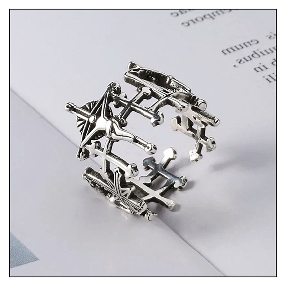 SILVER Adjustable Crucifixion Jesus Brutalist Style Ring - Picture 3 of 5